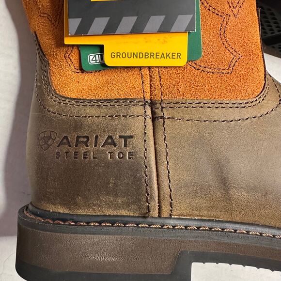 NWT Ariat Groundbreaker Men’s 8.5 EE Wide Square Toe Steel Toe Work Boots Brown - Picture 5 of 9